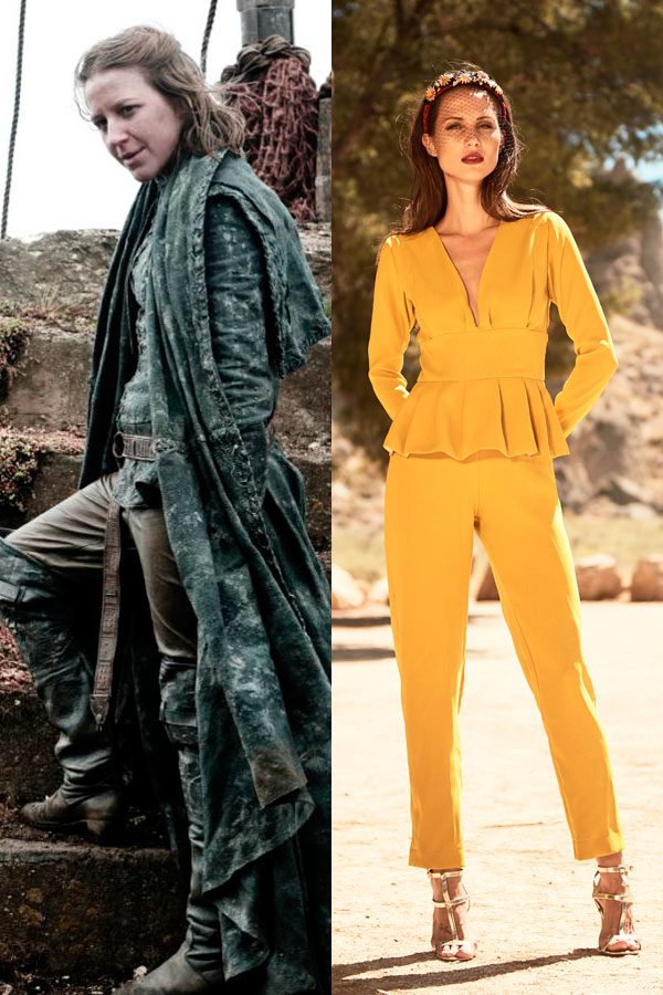 asha greyjoy juego de tronos con mono pitillo mostaza con peplum ursula de apparentia