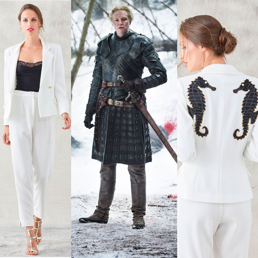 brienne de tarh de juego de tronos con traje blanco con caballos bordados de apparentia