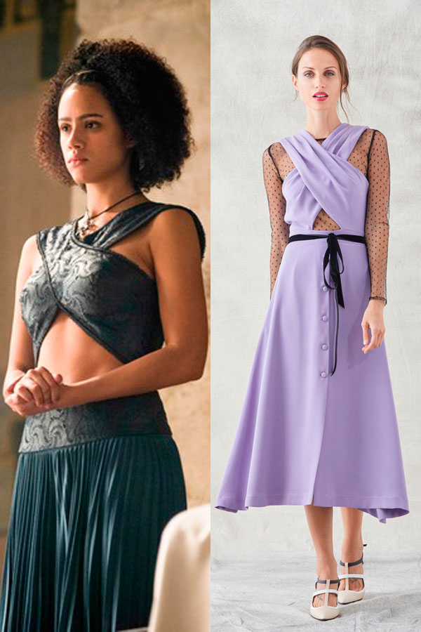 vestido midi lila cruzado con plumeti para missandei de apparentia